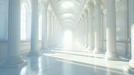 Obraz premium Sunlight Illuminates a Majestic Hallway with Grand White Columns and Light