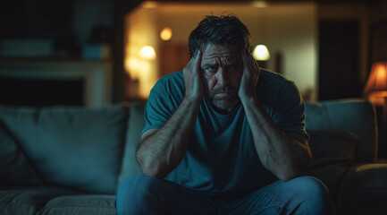 Obraz premium A man sitting on the couch with his head in hands, looking distressed and emotional, showing signs of anxiety or depression. The concept of emotional pain and suffering due to life events.