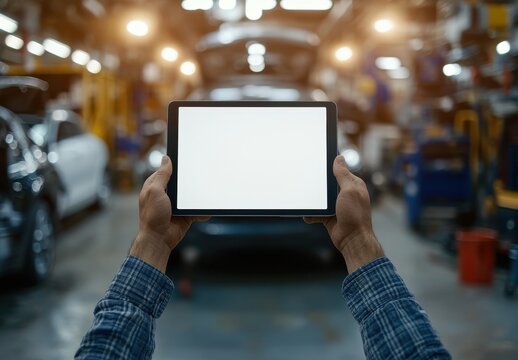 Photograph of an auto mechanic holding up a blank tablet screen, with the hood open in front showing car parts and tools on a workbench.