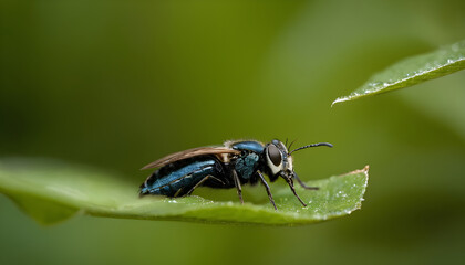 Fototapeta premium Blue metallic bee perched on a vibrant green leaf