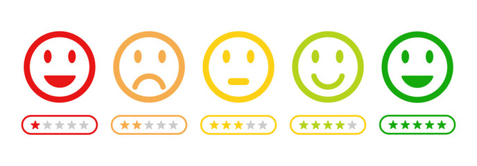 rating emojis set in different colors outline, feedback emoticons collection, happy, neutral, sad and very sad emojis, flat icon set of rating and feedback emojis icons color outline