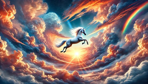 A white unicorn soaring through a vibrant, cloud-filled sky at sunset