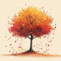 A lone tree stands tall against a pale background, its leaves ablaze with vibrant autumn colors.  Leaves flutter down around it, creating a sense of change and transition.