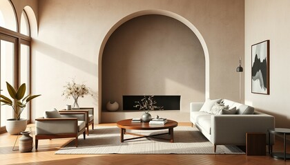 Sofa and Armchairs Near Stucco Arch Wall in Minimalist Japandi-Inspired Modern Living Room