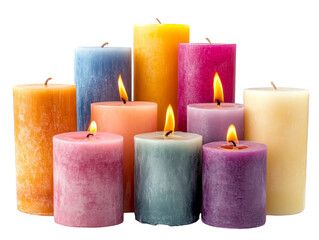 Colorful candles with flames isolated transparent background