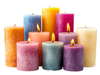 Colorful candles with flames isolated transparent background