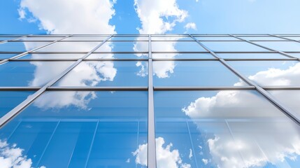 Fototapeta premium The sky is blue and cloudy. The clouds are white and fluffy. The building is tall and has many windows