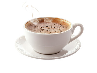 Fototapeta premium Hot Steaming Cup of Coffee with Foam on White Saucer
