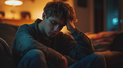 Obraz premium A man sitting on the couch with his head in hands, looking distressed and emotional, showing signs of anxiety or depression. The concept of emotional pain and suffering due to life events.