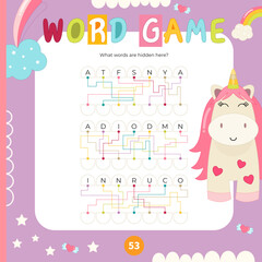 Cute Unicorn activities for kids. Find the hidden words in mixed letters. Logic games for children. Vector illustration. Square page for Activity Book.