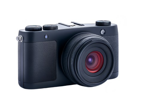 Black compact digital camera with lens isolated transparent background - Powered by Adobe