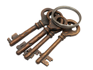 Antique Brass Keys with Ring  Isolated on White Background