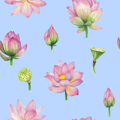 Pink lotus flowers, water lily. Watercolor illustration seamless pattern on a blue background. For design and decor, fabrics, wallpaper, souvenirs