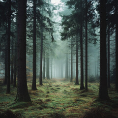 Fototapeta premium A foggy morning in a quiet forest with tall trees.