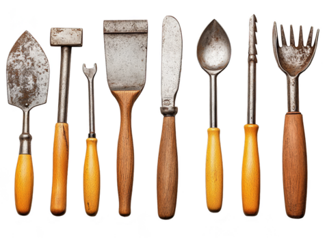 Vintage tools with wooden handles collection of rusty tools with wooden handgrip transparent background