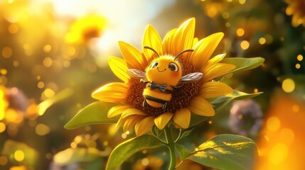 A cute cartoon bee with a bow tie perched on a sunflower in a field of sunflowers.