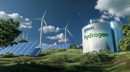 Green Hydrogen factory concept. Hydrogen production from renewable energy sources. green production plant for a sensible futuristic. modern clean technology concept.