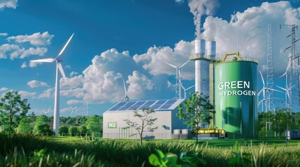 Green Hydrogen factory concept. Hydrogen production from renewable energy sources. green production plant for a sensible futuristic. modern clean technology concept.