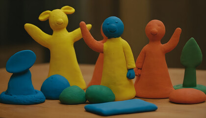 Colorful claymation figures waving on tabletop