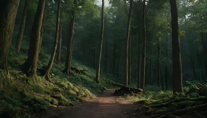 Obraz premium Sun shining on winding dirt path through green forest