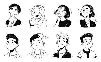 Hand Drawn Doodle Character Woman and Man Avatar