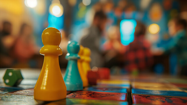 Family members gather around a table, enjoying a lively game night filled with laughter and colorful board game pieces ready for play. The atmosphere is warm and inviting