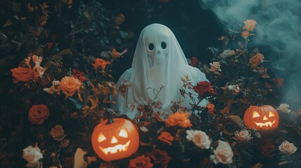 Halloween ghost surrounded by flowers and glowing pumpkin lanterns and fog