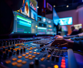 A group of editors engages with a sophisticated editing console, manipulating various controls and screens while collaborating on a project in a dynamic studio environment