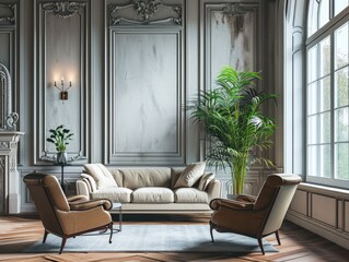 Art Deco Living: Beige Leather Sofa and Velvet Armchairs in Classic Panel Room