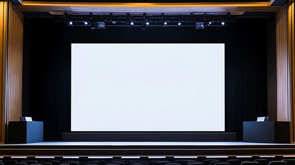 Modern Business Event Stage with Big Blank Screen and Minimalist Setup for Professional Presentations