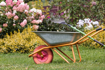 A garden wheelbarrow and a rake in the backyard of the house. The concept of housework, gardening...