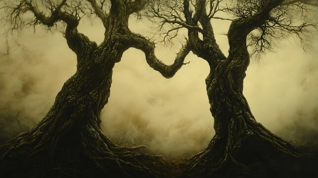Two gnarled trees with bare branches embrace in a thick fog, creating a heart-shaped opening.