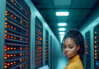 Black woman working in server room.