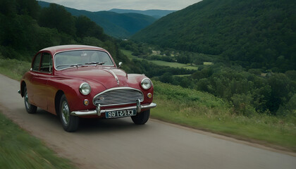 Red vintage car driving on a country road in france