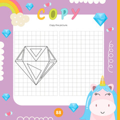 Cute Unicorn activities for kids. Copy the picture – Diamond. Logic games for children. Coloring page. Vector illustration. Book square format.