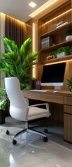 Fototapeta premium Modern home office with wooden desk, comfortable white chair, computer and lush indoor plants