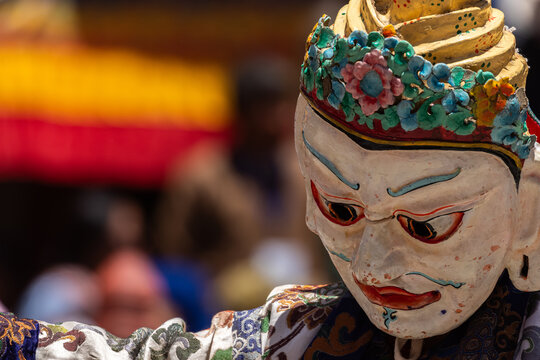 Close up of a colorful mask worn by Buddhist monks during Hemis Monastery festival at Leh, Ladakh India.