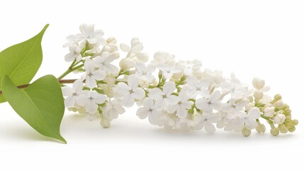 A white flower with green leaves. The flower is very long and has a lot of white petals
