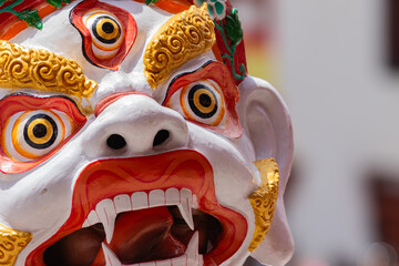 Close up of a colorful mask worn by Buddhist monks during Hemis Monastery festival at Leh, Ladakh India.