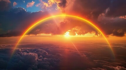 A majestic rainbow spans across the horizon, emerging after a storm, with the sky clearing and the sun shining through.