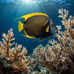 Obraz premium A graceful angelfish swimming among delicate sea fans and soft corals, with sunlight streaming through the water above.