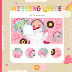 Unicorn activities for kids. Find the correct  missing piece for picture. Vector illustration. Matching game. Square page for Activity Book.