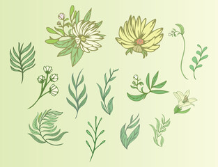 フローラル・草・花の線画イラストデザインセット2