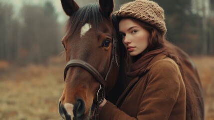 Fototapeta premium A young woman in a brown coat and hat stands close to a brown horse in a forest.