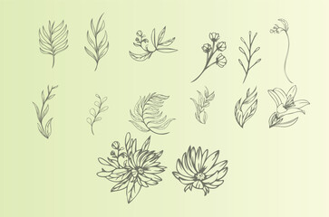 フローラル・草・花の線画イラストデザインセット