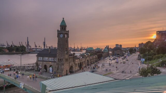 Hamburg city Germany time lapse at the fish market in Hamburg, Germany. The Piers Hamburg sunset . The Port of Hamburg