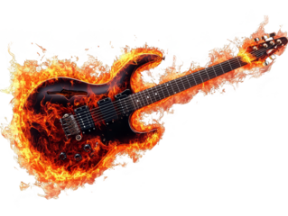 Electric Guitar on Fire with Flames and Smoke