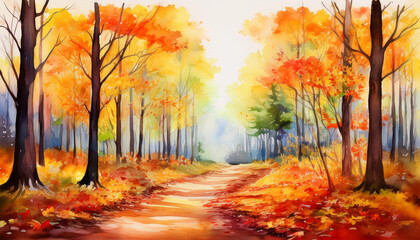 Watercolor painting of autumn forest with dirt trail and fallen leaves. Beautiful natural landscape.