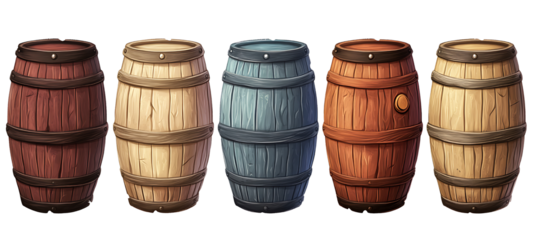 Collection of Colored Wooden Barrels on White Background