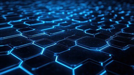 Naklejka premium Blue and black hexagon grid with a neon glow, forming a modern and sleek digital background